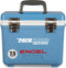 A blue, leak-proof Engel 7.5 Quart Drybox/Cooler with the word Engel Coolers on it, perfect for outdoors.