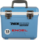 A leak-proof, blue Engel Coolers cooler with the word Engel on it, perfect for any outdoor adventure.