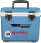 A leak-proof, blue Engel Coolers cooler with the word Engel on it, perfect for any outdoor adventure.