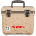 An airtight Engel Coolers 7.5 Quart Drybox/Cooler with the word Engel on it, perfect for hunters.