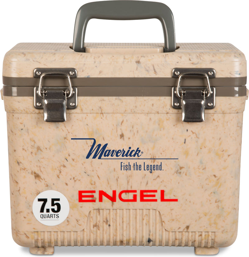 An Engel 7.5 Quart Drybox/Cooler with the word Engel on it, designed for the outdoors and is leak-proof.