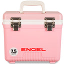 A pink Engel Coolers 7.5 Quart Drybox/Cooler with the word Engel on it.