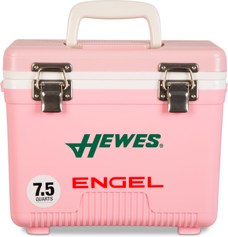 A pink, leak-proof cooler with the word Engel Coolers on it.