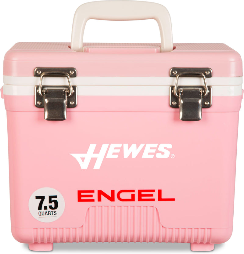A leak-proof, pink cooler with the word Engel Coolers on it, perfect for any outdoor adventure.