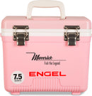 A pink, leak-proof Engel 7.5 Quart Drybox/Cooler with the word Engel Coolers on it.