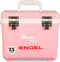 A pink, leak-proof cooler with the word Engel Coolers on it, perfect for the outdoors.