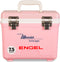 A pink, leak-proof Engel Coolers 7.5 Quart Drybox/Cooler with the word Engel on it.