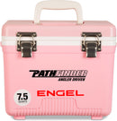 A pink, leak-proof Engel 7.5 Quart Drybox/Cooler with the word Engel Coolers on it, perfect for any outdoor adventure.