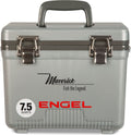 A gray, leak-proof cooler with the words Engel Coolers on it.