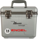 A gray, leak-proof cooler with the words Engel Coolers on it.