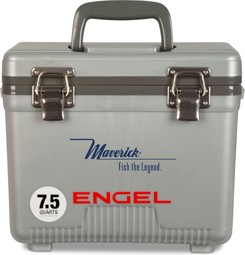 A gray, leak-proof Engel Coolers 7.5 Quart Drybox/Cooler with the word Engel on it, perfect for outdoors.