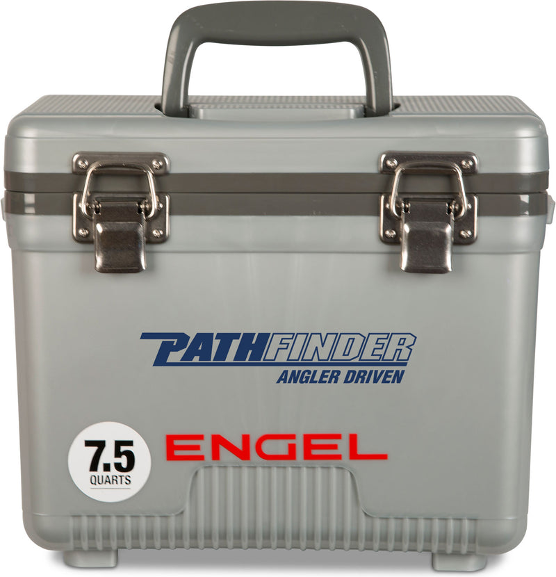 A leak-proof gray Engel Coolers cooler with the word "pathfinder" on it, perfect for any outdoor adventure.