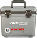A gray, leak-proof Engel 7.5 Quart Drybox/Cooler with the word Engel Coolers on it.