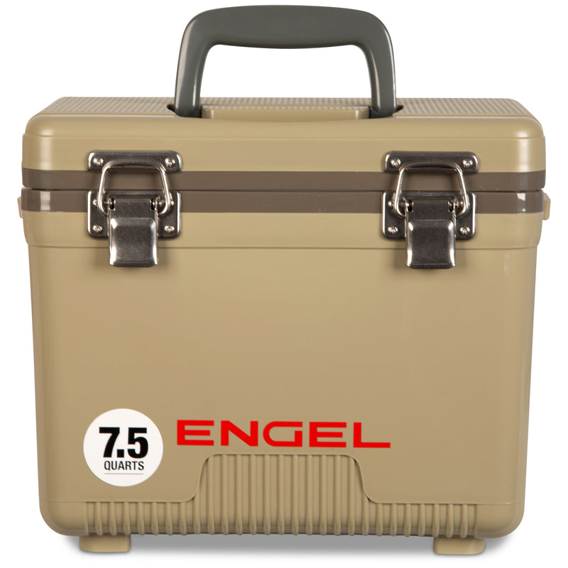 A tan airtight drybox cooler with the word Engel Coolers 7.5 Quart Drybox/Cooler on it.