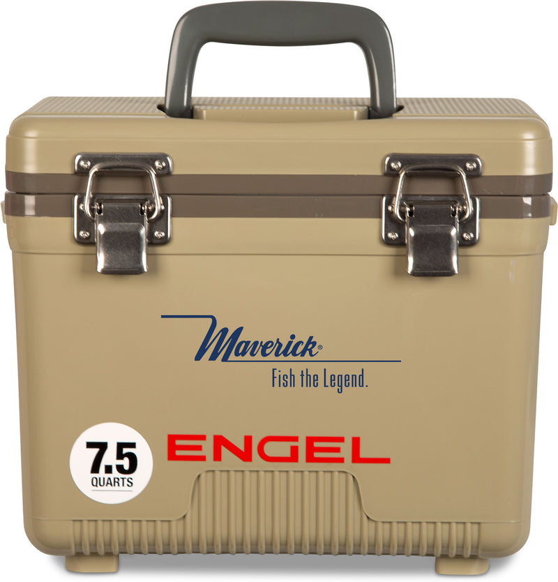 A tan, leak-proof Engel 7.5 Quart Drybox/Cooler with the word Engel Coolers on it.