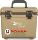 A leak-proof tan Engel 7.5 Quart Drybox/Cooler with the word Engel Coolers on it, perfect for outdoors.