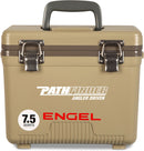 A tan, leak-proof cooler with the word Engel Coolers on it.