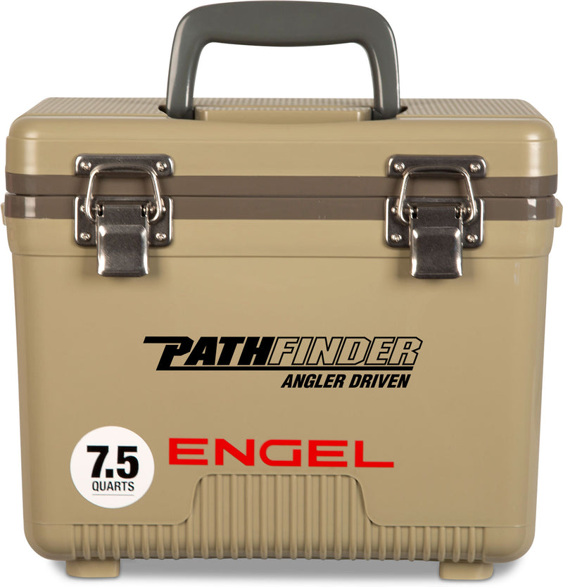 A leak-proof Engel Coolers tan cooler with the word pathfinder on it, ideal for outdoor adventures.