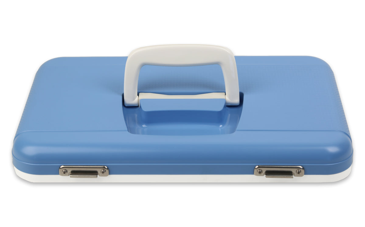 A blue Engel Coolers Drybox briefcase with a handle on a white background.