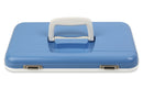 A blue Engel Coolers Drybox briefcase with a handle on a white background.