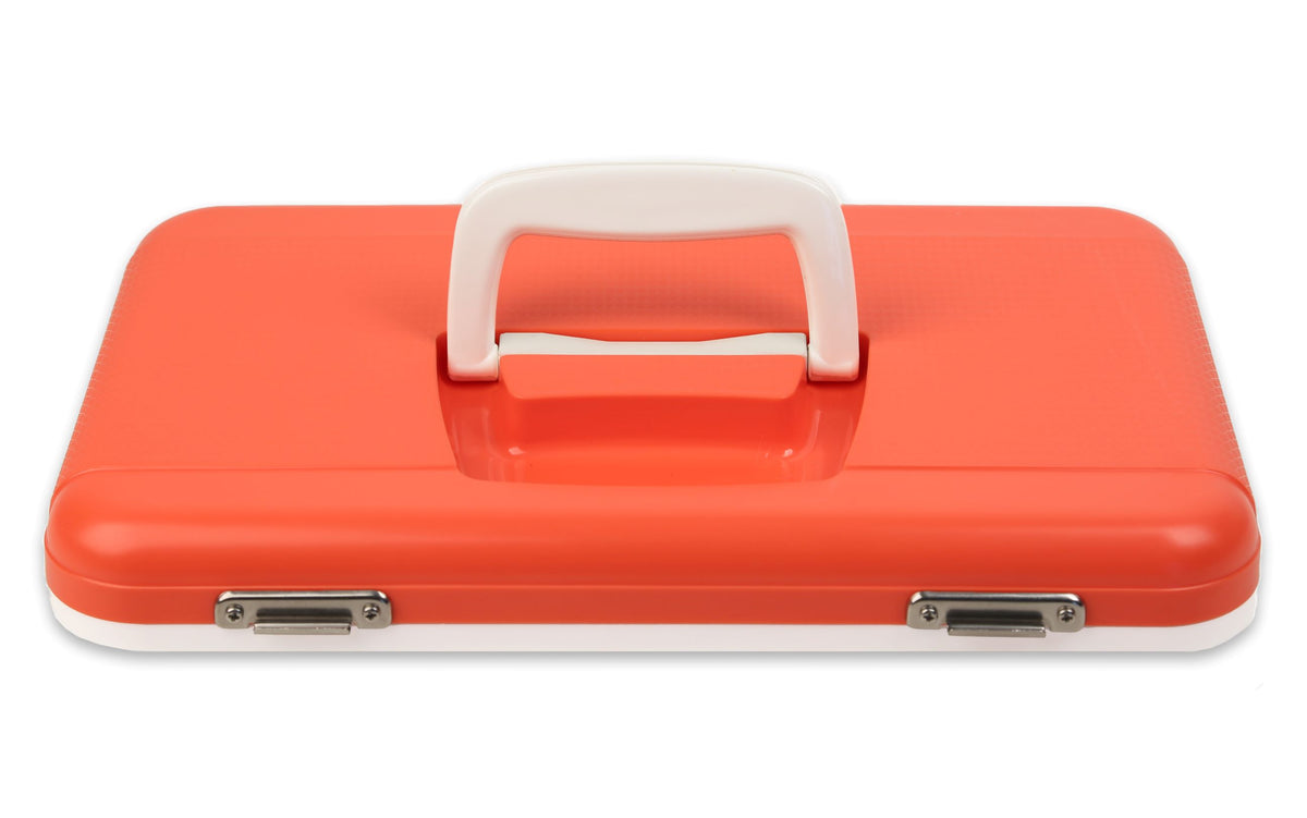 An orange and white Engel Coolers Drybox with handle.