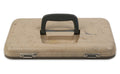 A beige Engel Coolers Drybox briefcase with a handle on a white background.