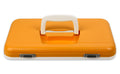 An orange and white Engel Coolers Drybox/Cooler Lids with a handle.
