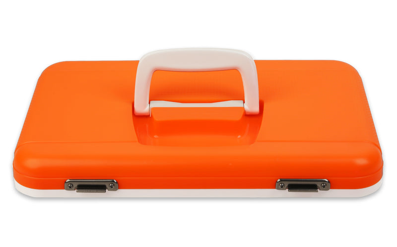 An orange Engel Coolers Drybox with a handle on a white background.