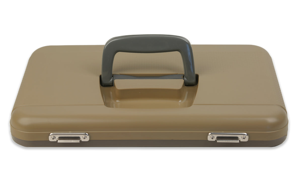 A tan Engel Coolers briefcase with a handle on a white background.