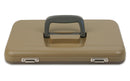 A tan Engel Coolers briefcase with a handle on a white background.