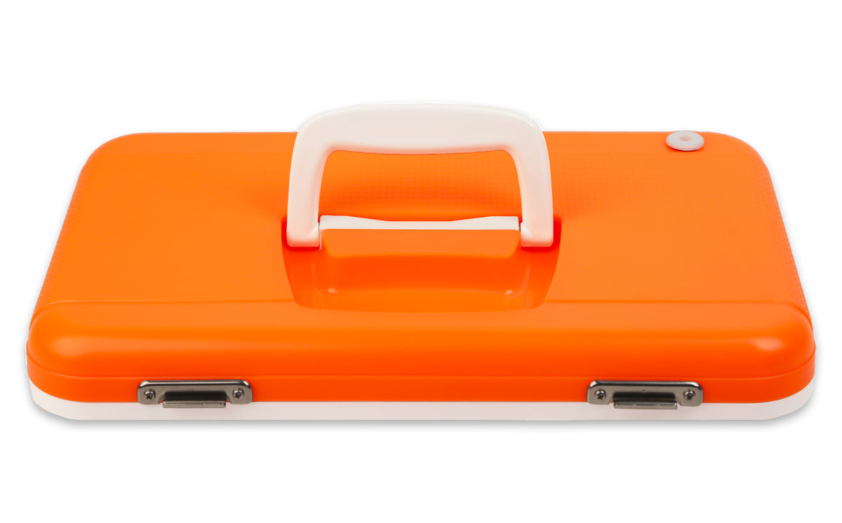 An orange and white Engel Coolers Live Bait Drybox/Cooler Lids with a handle.