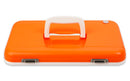 An orange and white Engel Coolers Live Bait Drybox/Cooler Lids with a handle.