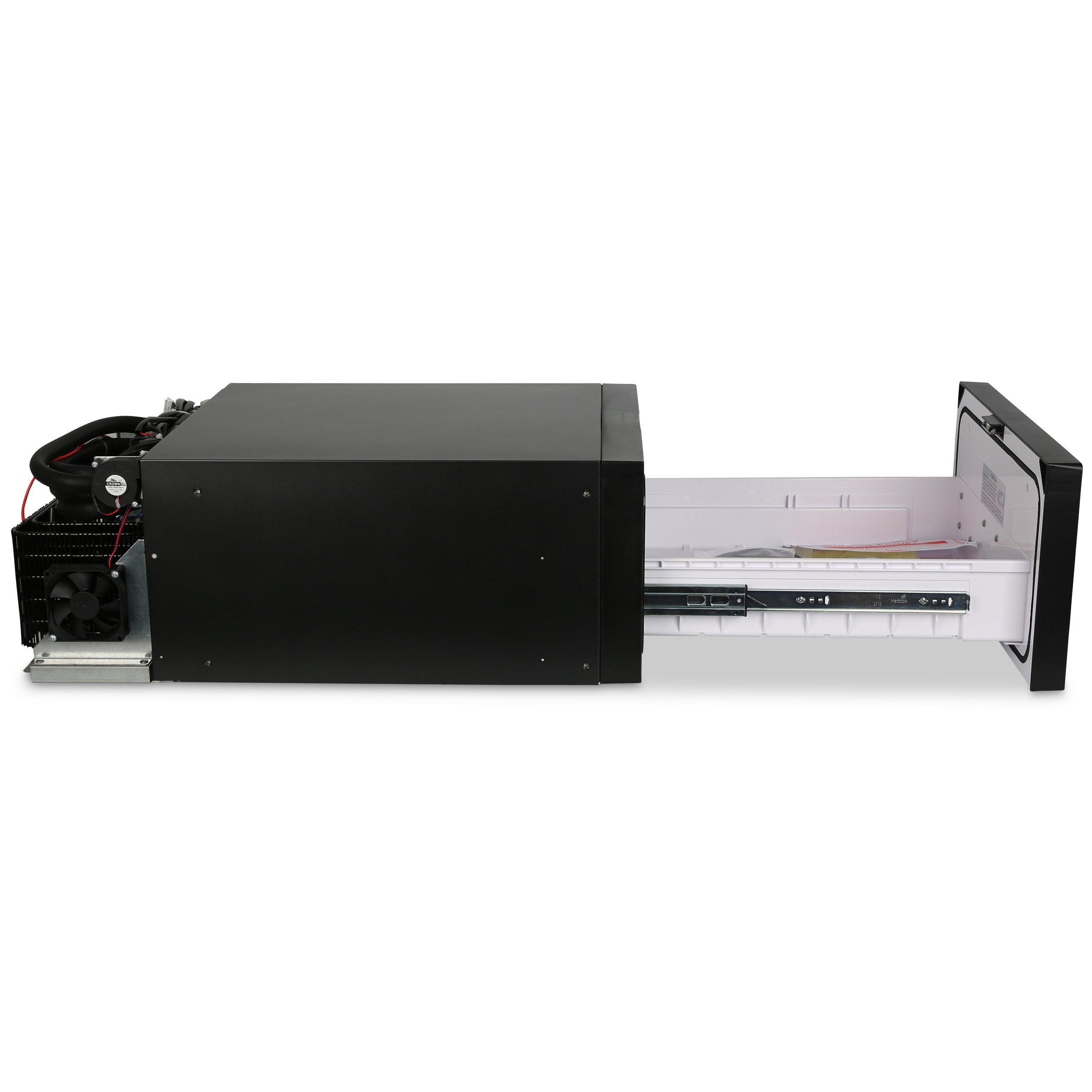 A black Engel Coolers SB30 Drawer Style 12/24V DC Only Fridge-Freezer with an open drawer style.