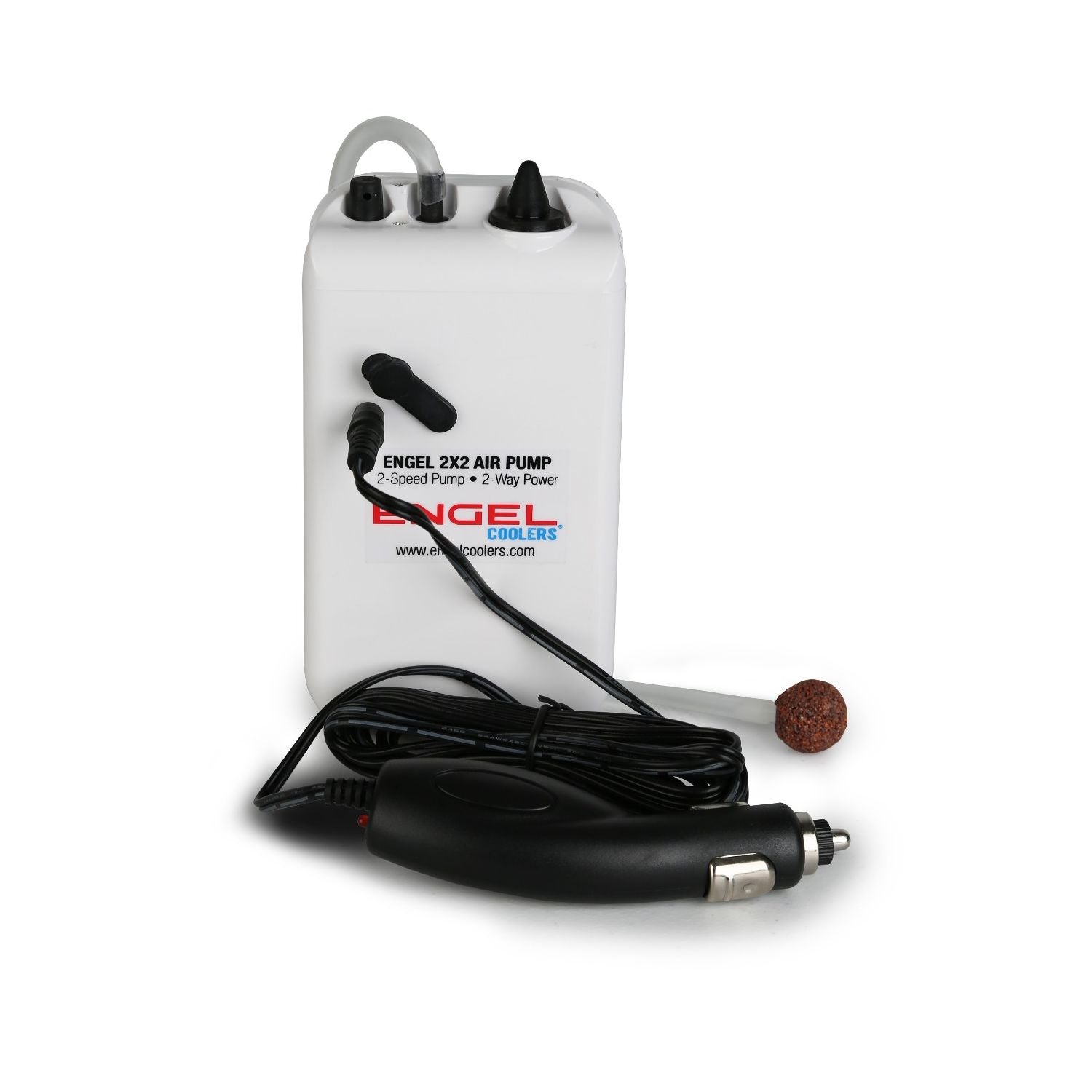 A white Engel Coolers Original 2-Speed Battery Powered Portable Aerator Pump container with a cord and a plug.