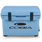 A durable, blue Engel 25 High Performance Hard Cooler and Ice Box with the Cobia logo on it.