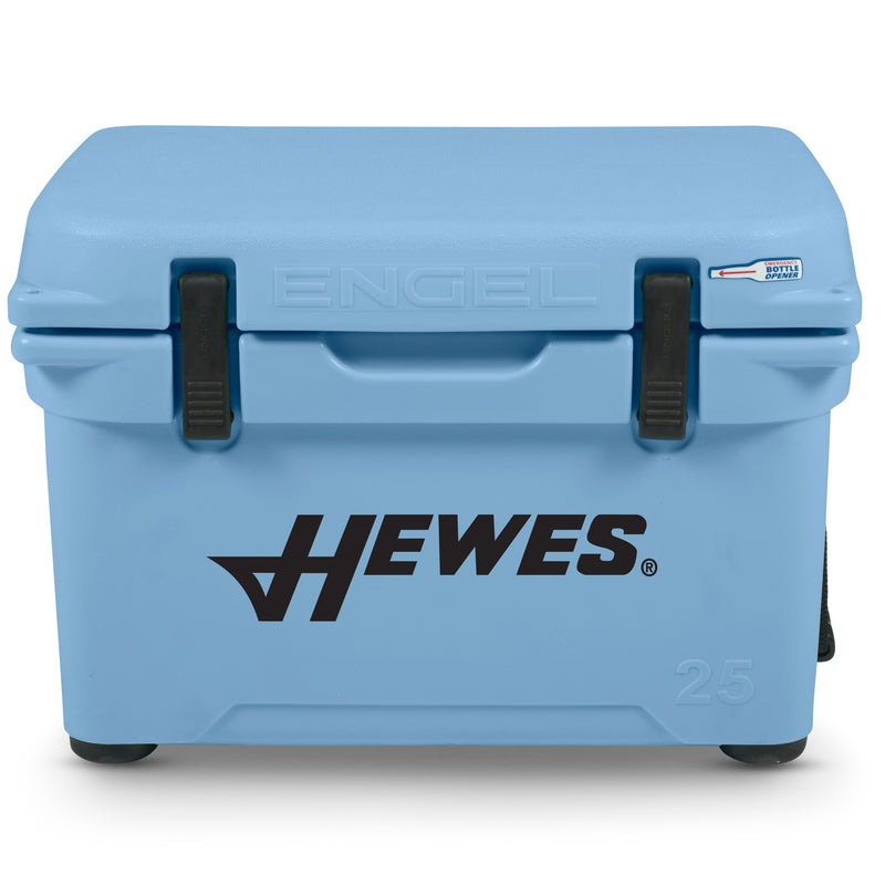 A durable, roto-molded blue cooler with the Engel Coolers logo on it.