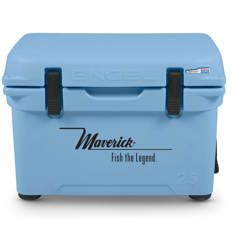 An Engel 25 High Performance Hard Cooler and Ice Box - MBG with the words fish the legend.