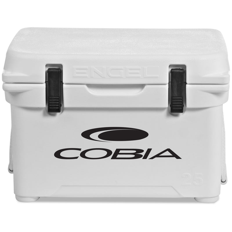 A white Engel 25 High Performance Hard Cooler and Ice Box with the cobia logo on it, known for its durability.