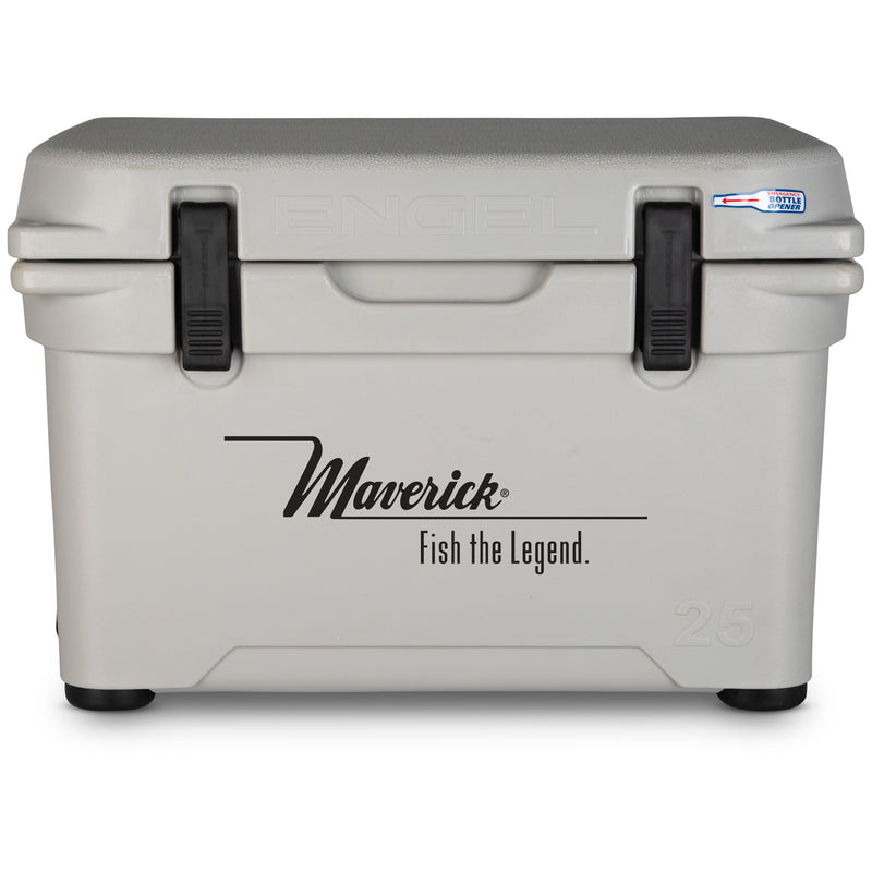 A gray, roto-molded Engel 25 High Performance Hard Cooler and Ice Box - MBG with the words 'maveridge fish the legend' by Engel Coolers.