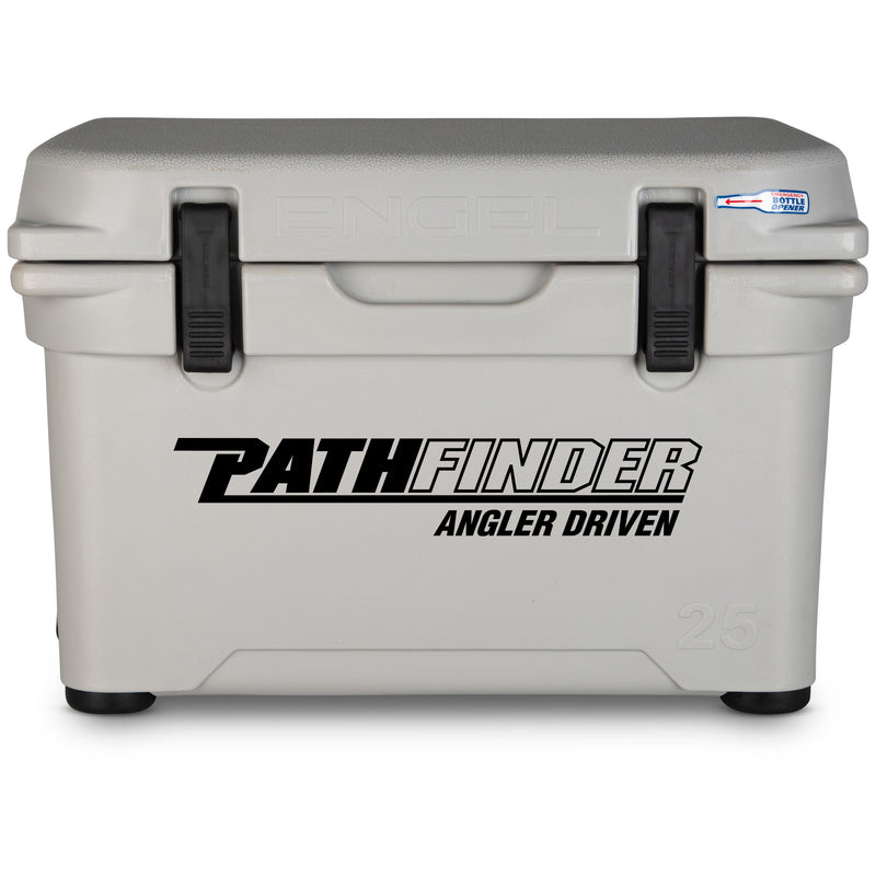 A Engel 25 High Performance Hard Cooler and Ice Box with the word pathfinder on it.