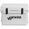 A durable, white Engel Coolers roto-molded cooler with the word Hewes on it.
