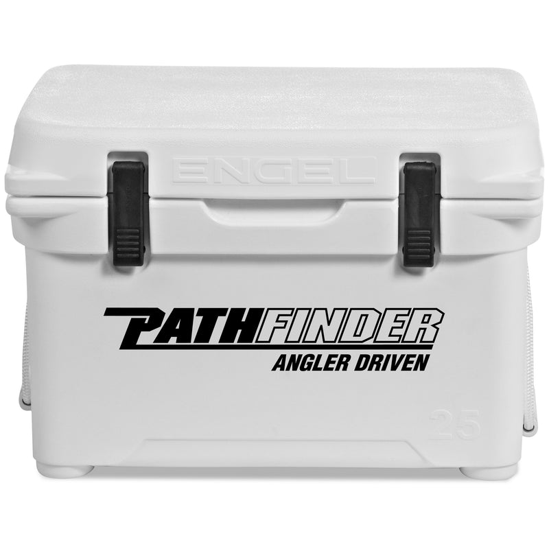 A durable, white, roto-molded cooler with the word "Engel" on it.