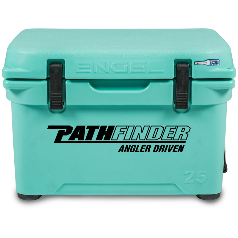 A durable, turquoise Engel 25 High Performance Hard Cooler and Ice Box - MBG with the word "pathfinder" on it.