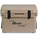 A durable, tan roto-molded cooler with the word Engel Coolers on it.