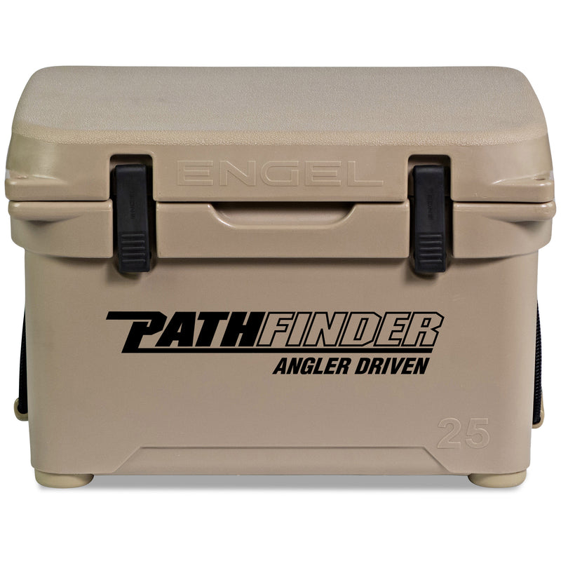 A tan roto-molded cooler with the Engel 25 High Performance Hard Cooler and Ice Box - MBG on it, known for its durability.