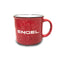 A red Old School Campfire Mug with the word "engel" on it, featuring a retro granite design by Engel Coolers.
