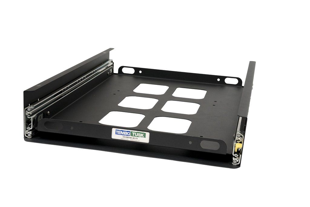 A black rack with four compartments for a computer, featuring Engel Coolers Tembo Tusk Front Pull Fridge-Freezer Slides.