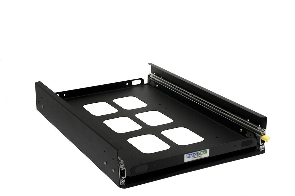 A black metal box with white squares and Engel Coolers Accuride locking slide tracks.