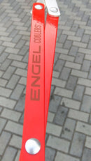 A red, heat-resistant Engel Coolers bike handlebar with the word Engel on it.