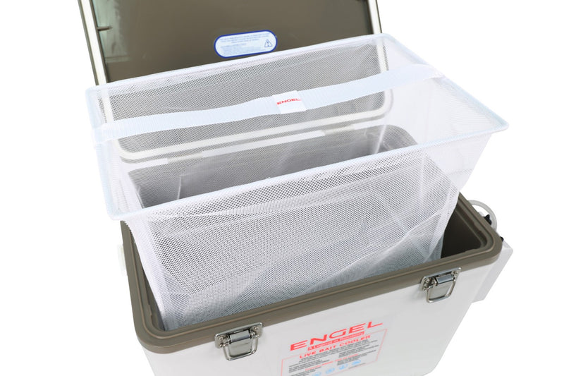 A white Engel Coolers Live Bait Cooler with a minnow net in it.